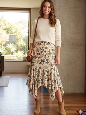 Chelsea & Violet Cream Midi Skirt with Teal Floral Handkerchief Hem